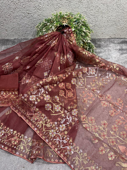 BROWN EXCLUSIVE PURE HANDLOOM DHAKAI JAMDANI SAREE