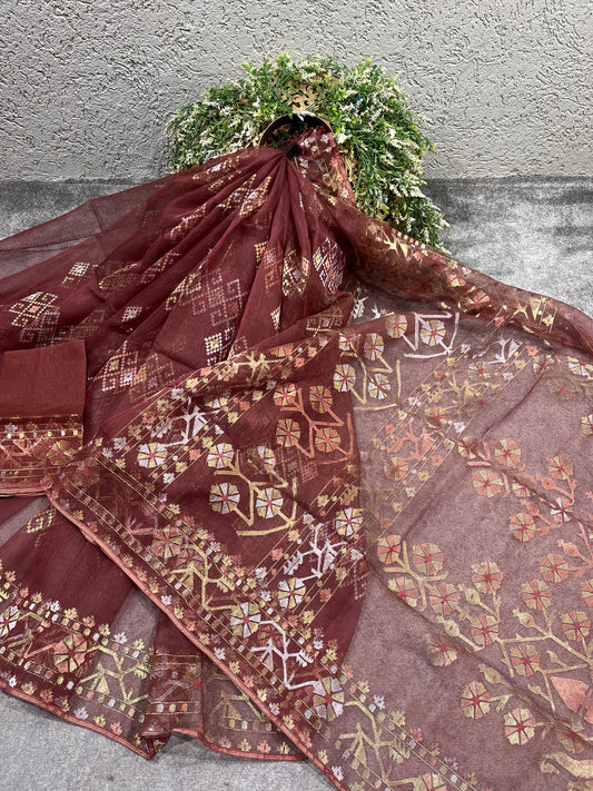 BROWN EXCLUSIVE PURE HANDLOOM DHAKAI JAMDANI SAREE