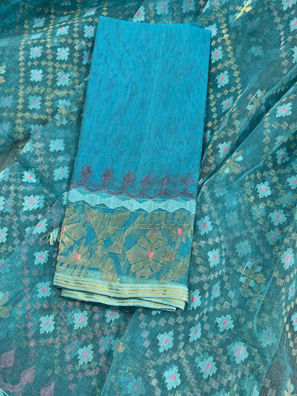 BLUE PURE HANDLOOM EXCLUSIVE DHAKAI JAMDANI SAREE