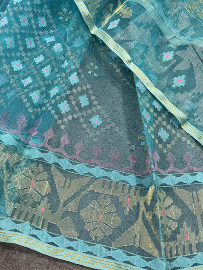 BLUE PURE HANDLOOM EXCLUSIVE DHAKAI JAMDANI SAREE