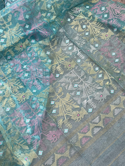 BLUE PURE HANDLOOM EXCLUSIVE DHAKAI JAMDANI SAREE