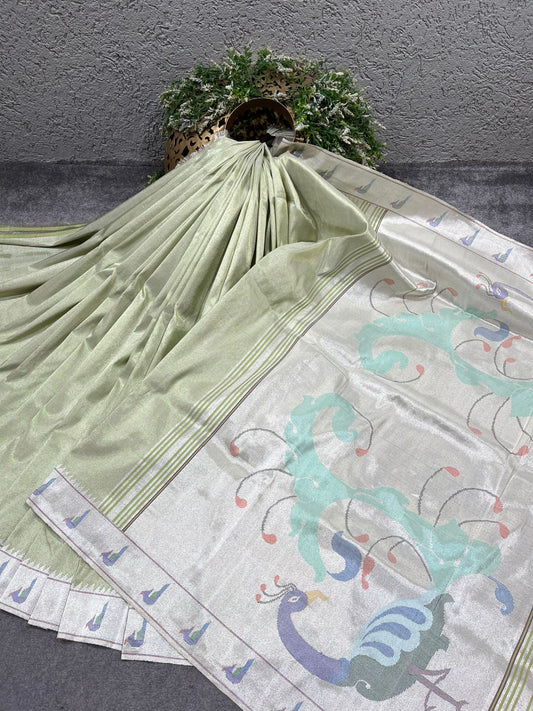 PASTEL GREEN SILK TISSUE PURE HANDLOOM PAITHANI SAREE