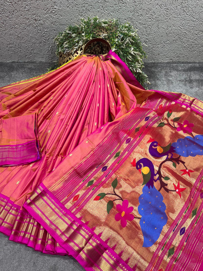 CORAL PINK SILK PURE HANDLOOM NAUVARI PAITHANI SAREE
