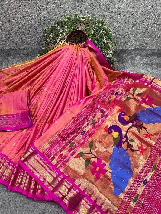 CORAL PINK SILK PURE HANDLOOM NAUVARI PAITHANI SAREE