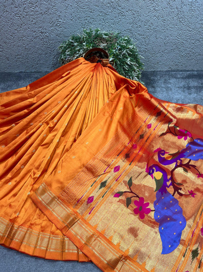 ORANGE SILK PURE HANDLOOM NAUVARI PAITHANI SAREE