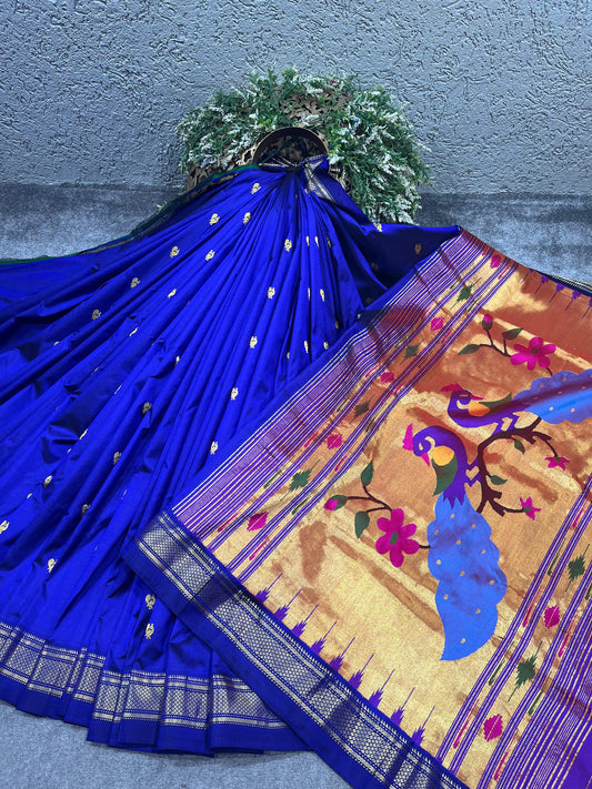 ROYAL BLUE SILK PURE HANDLOOM NAUVARI PAITHANI SAREE
