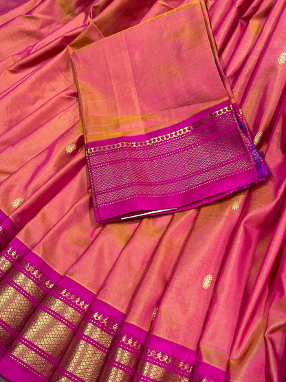 CORAL PINK SILK PURE HANDLOOM NAUVARI PAITHANI SAREE