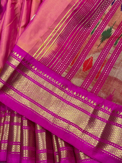CORAL PINK SILK PURE HANDLOOM NAUVARI PAITHANI SAREE