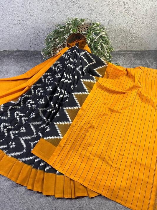 BLACK PURE HANDLOOM COTTON IKKAT SAREE