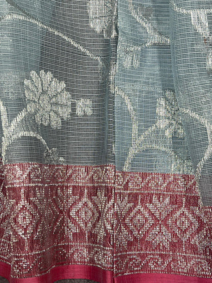 ICE BLUE REAL JARI PURE HANDLOOM KOTA DORIYA SAREE
