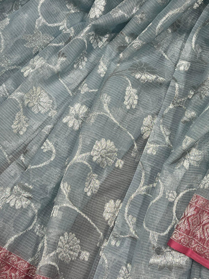 ICE BLUE REAL JARI PURE HANDLOOM KOTA DORIYA SAREE