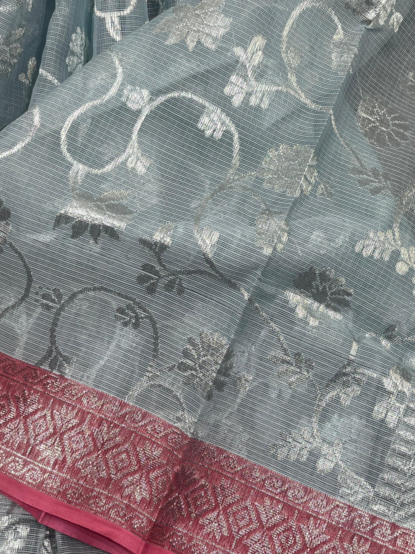ICE BLUE REAL JARI PURE HANDLOOM KOTA DORIYA SAREE