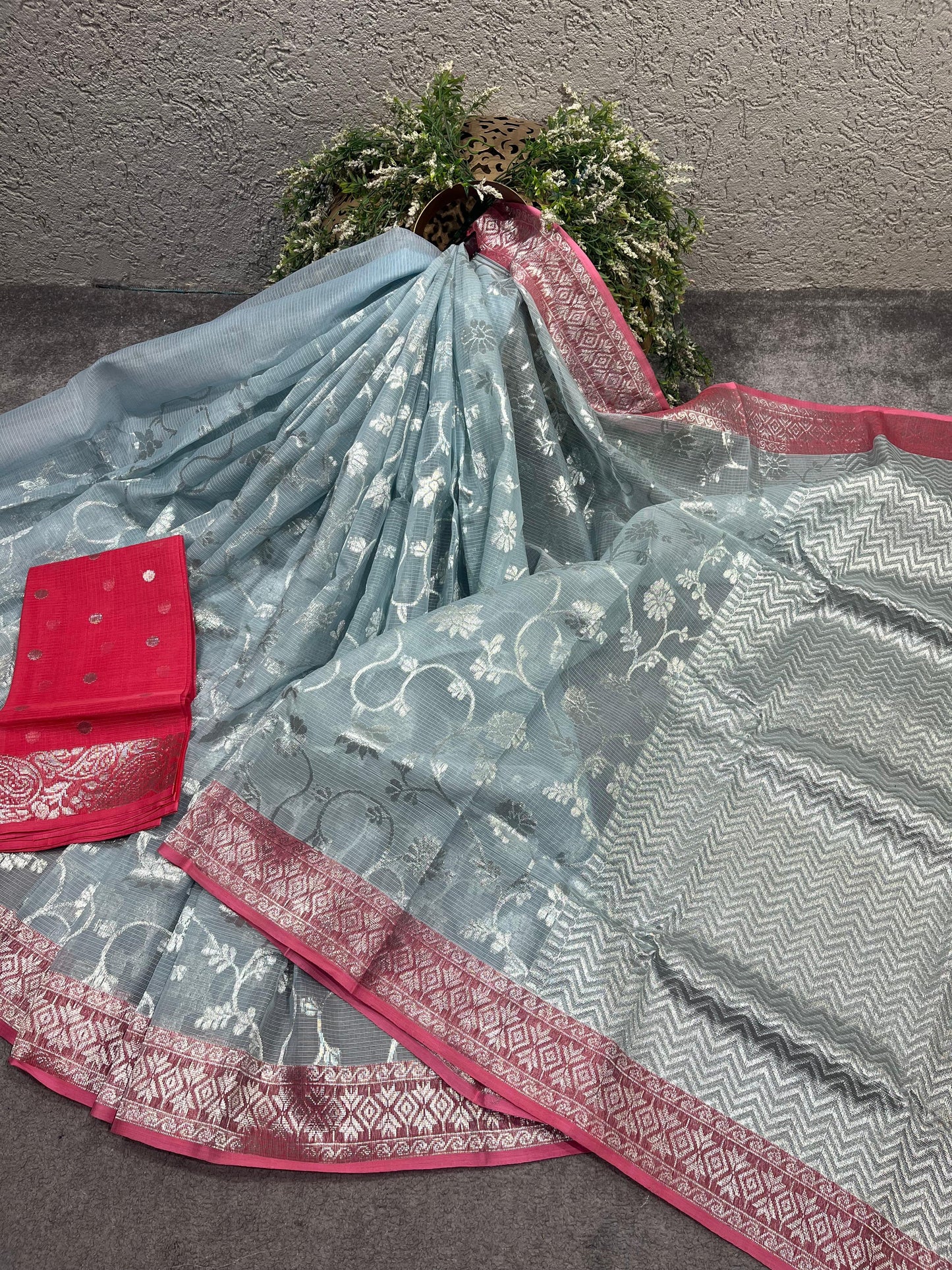 ICE BLUE REAL JARI PURE HANDLOOM KOTA DORIYA SAREE
