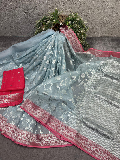 ICE BLUE REAL JARI PURE HANDLOOM KOTA DORIYA SAREE