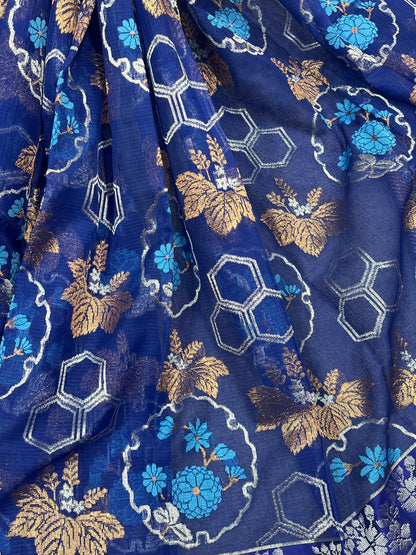 ROYAL BLUE REAL JARI PURE HANDLOOM KOTA DORIYA SAREE