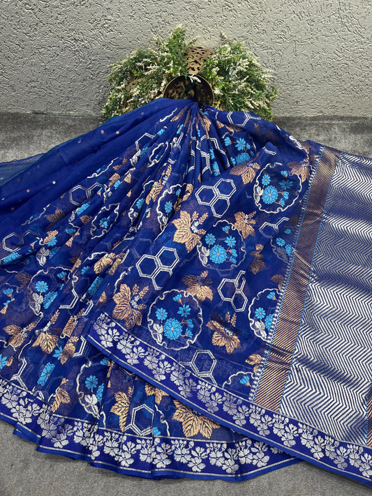 ROYAL BLUE REAL JARI PURE HANDLOOM KOTA DORIYA SAREE