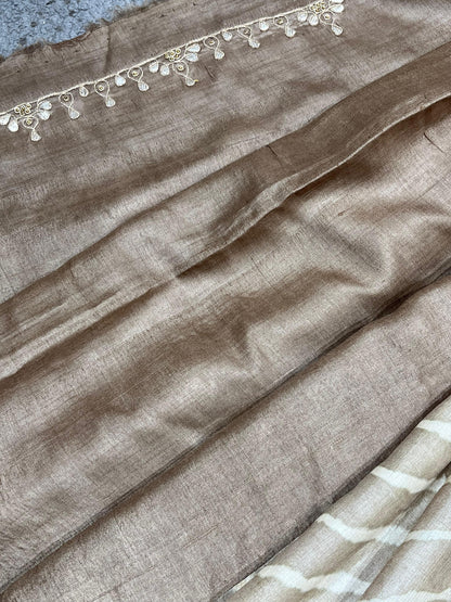 LIGHT BROWN TASSAR PURE HANDLOOM LEHERIYA SAREE