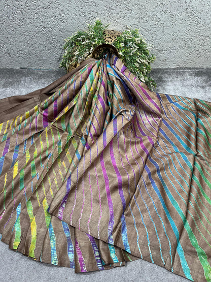 BROWN TASSAR PURE HANDLOOM LEHERIYA SAREE