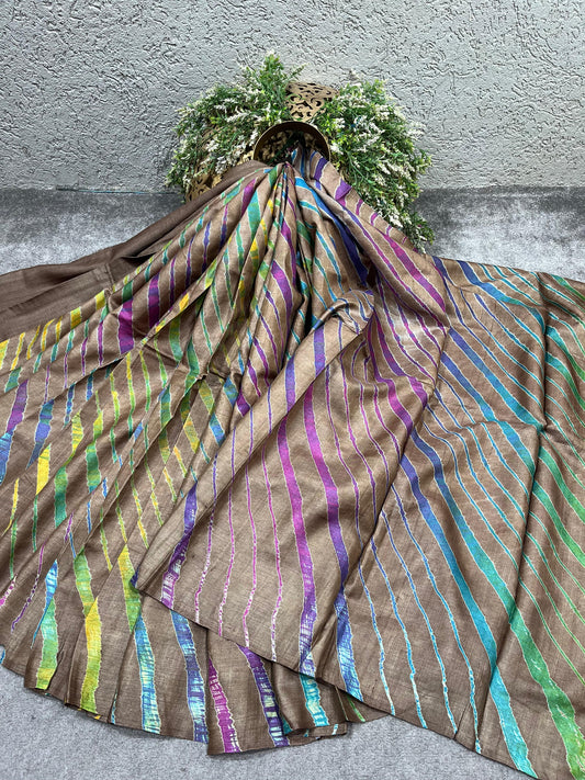 BROWN TASSAR PURE HANDLOOM LEHERIYA SAREE