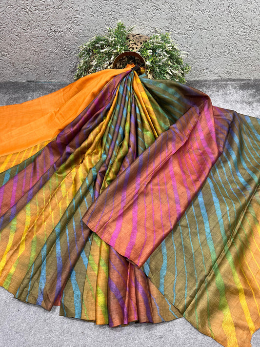 MULTICOLOUR TASSAR PURE HANDLOOM LEHERIYA SAREE