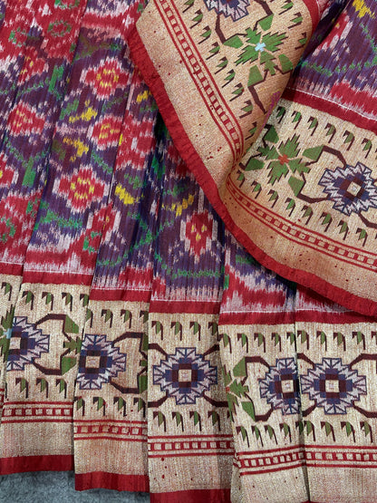 RED PURE HANDLOOM SINGKE IKKAT SAREE