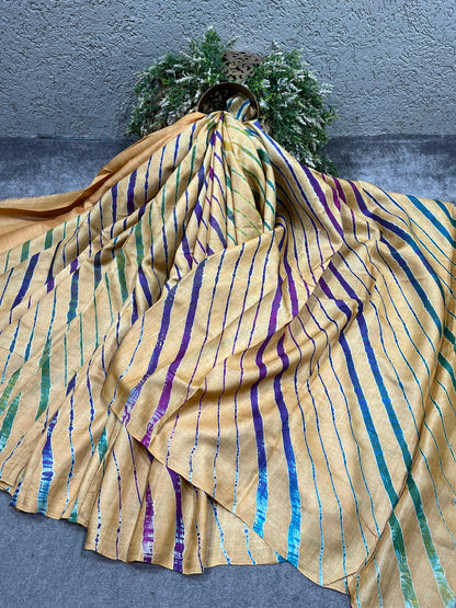 CREAM TASSAR PURE HANDLOOM LEHERIYA SAREE
