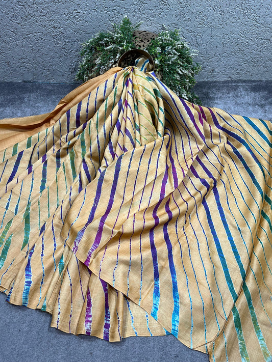 CREAM TASSAR PURE HANDLOOM LEHERIYA SAREE