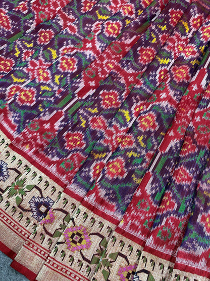 RED PURE HANDLOOM SINGKE IKKAT SAREE