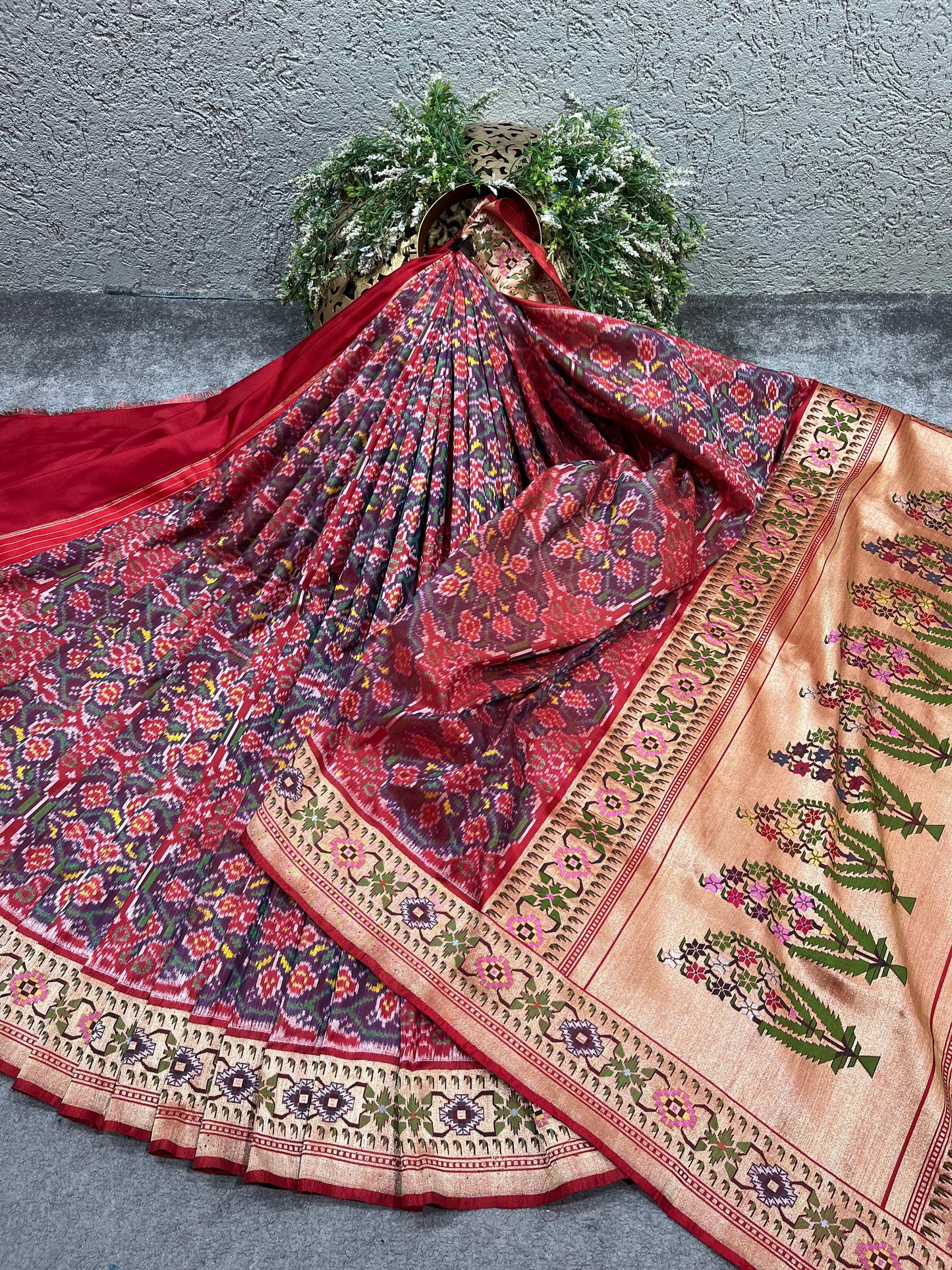 RED PURE HANDLOOM SINGKE IKKAT SAREE