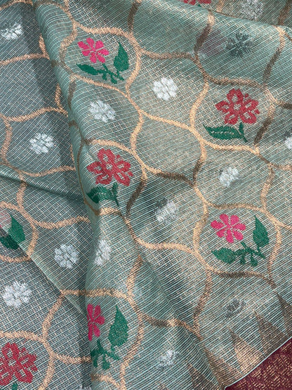 PASTEL BLUE PURE HANDLOOM KOTA DORIA SAREE