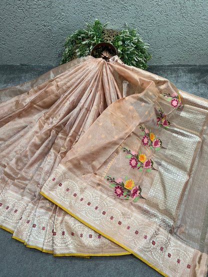 SOFT PEACHE PURE HANDLOOM KOTA DORIA SAREE