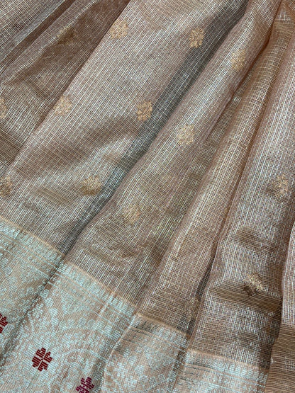 SOFT PEACHE PURE HANDLOOM KOTA DORIA SAREE