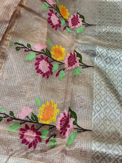 SOFT PEACHE PURE HANDLOOM KOTA DORIA SAREE