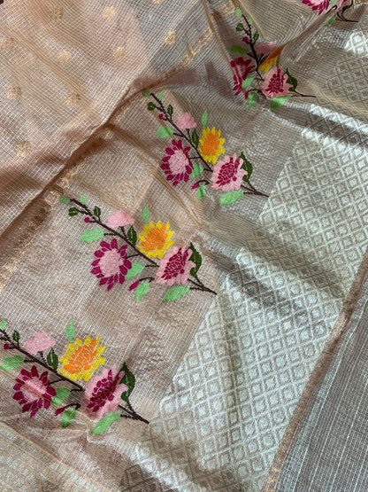 SOFT PEACHE PURE HANDLOOM KOTA DORIA SAREE