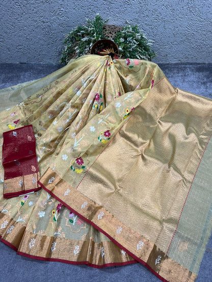 GOLDEN BEIGE PURE HANDLOOM KOTA DORIA SAREE