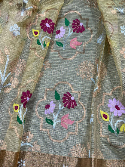GOLDEN BEIGE PURE HANDLOOM KOTA DORIA SAREE