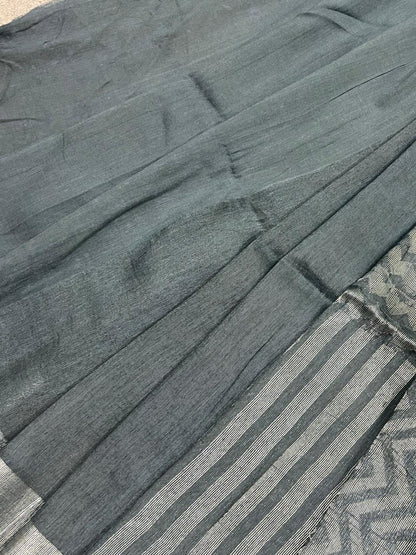 GREY PURE HANDLOOM LINEN SAREE