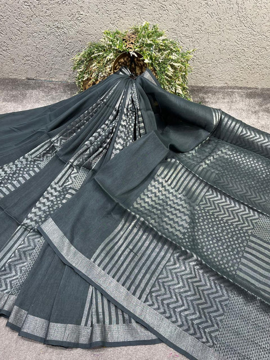 GREY PURE HANDLOOM LINEN SAREE