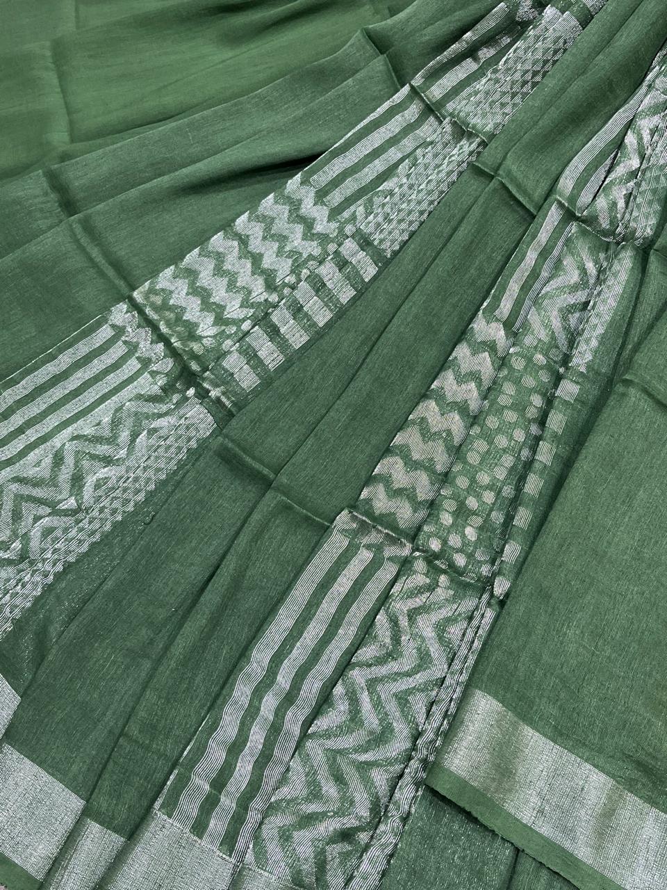 GREEN PURE HANDLOOM LINEN SAREE