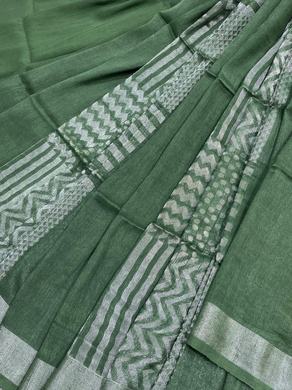 GREEN PURE HANDLOOM LINEN SAREE