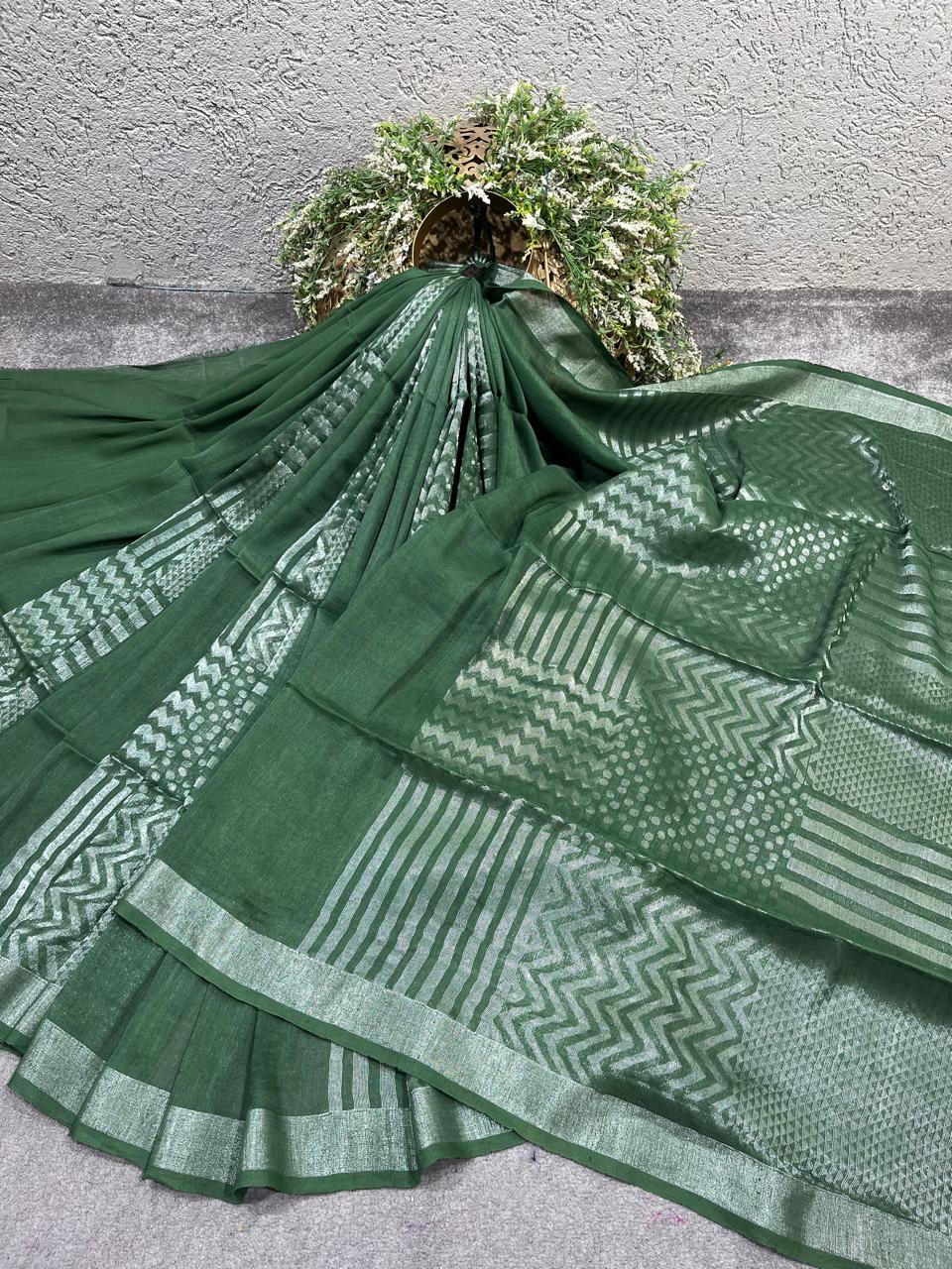 GREEN PURE HANDLOOM LINEN SAREE