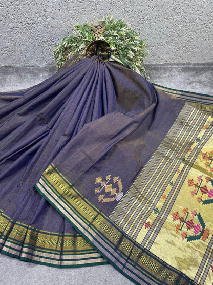BLUE COTTON TISSUE PURE HANDLOOM PAITHANI SAREE