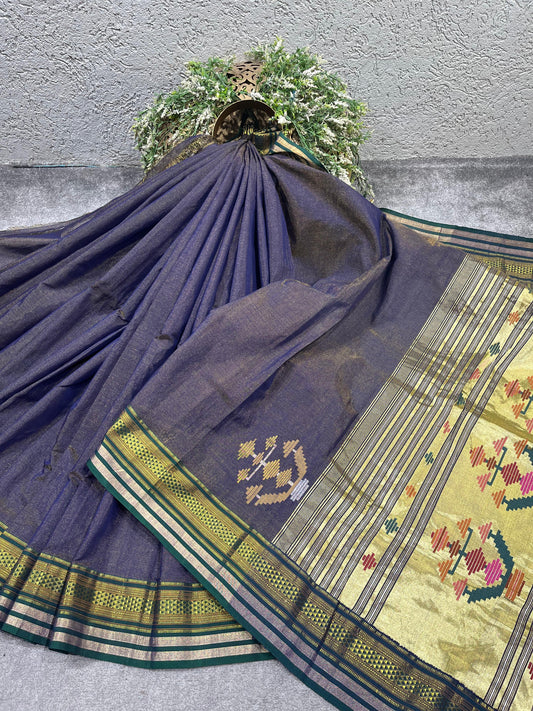 BLUE COTTON TISSUE PURE HANDLOOM PAITHANI SAREE