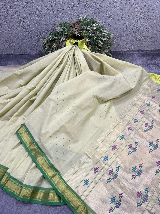 LIGHT PISTA GREEN COTTON TISSUE PURE HANDLOOM PAITHANI SAREE