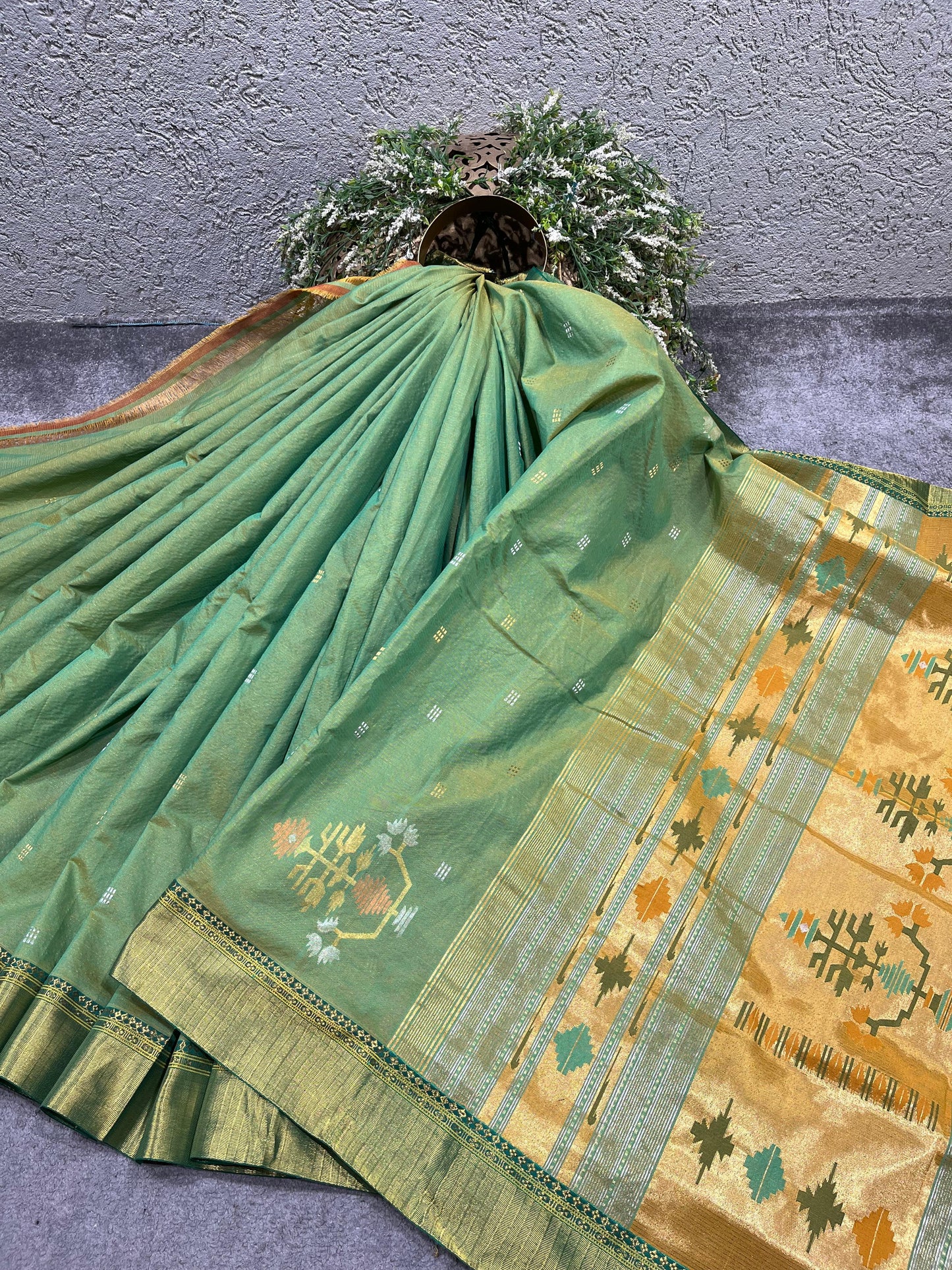 GREEN COTTON TISSUE PURE HANDLOOM PAITHANI SAREE