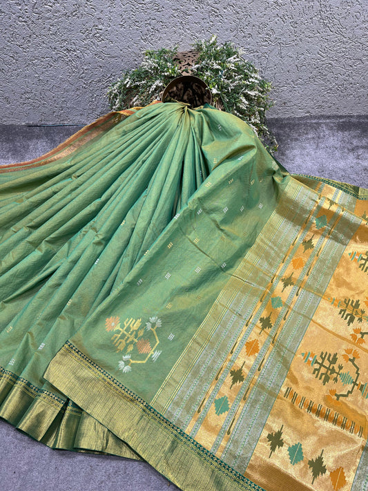 GREEN COTTON TISSUE PURE HANDLOOM PAITHANI SAREE
