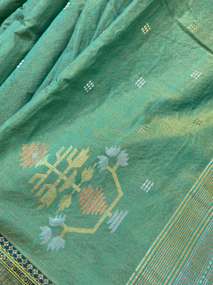 GREEN COTTON TISSUE PURE HANDLOOM PAITHANI SAREE