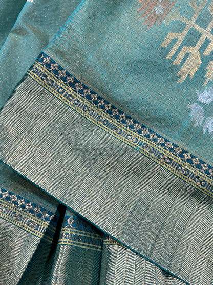 GREEN COTTON TISSUE PURE HANDLOOM PAITHANI SAREE