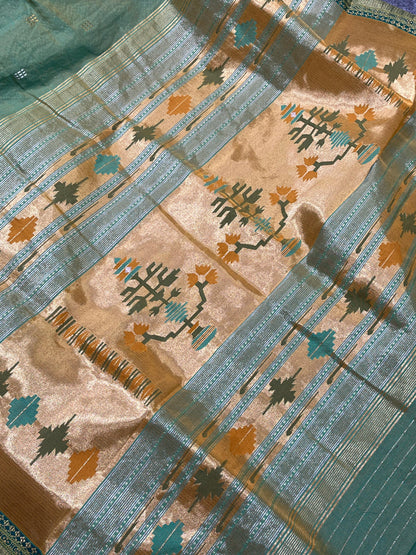 GREEN COTTON TISSUE PURE HANDLOOM PAITHANI SAREE