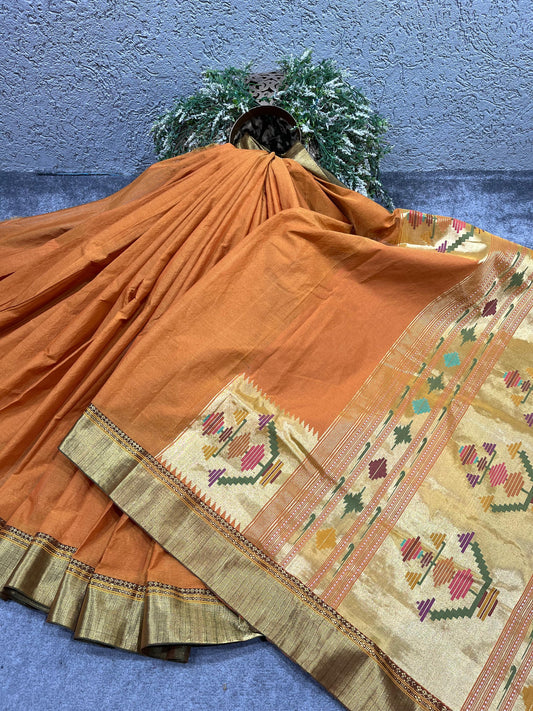 ORANGE COTTON TISSUE PURE HANDLOOM PAITHANI SAREE